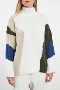 TRENDYOLMİLLA Ecru Soft textured Color Blocked Wide Pattern Knitwear Sweater TWOAW20xs0047 - Image 4