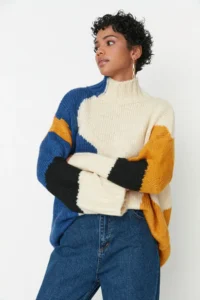 TRENDYOLMİLLA Multicolored Soft textured Color Blocked Wide Pattern Knitwear Sweater TWOAW20xs0047 - Image 2