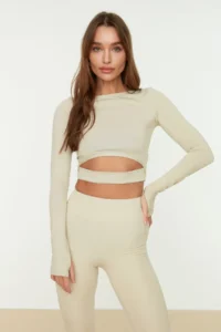 TRENDYOLMİLLA Stone Crop Window/Cut Out and Thumb Hole Detailed Knitting Sports Top/Blouse