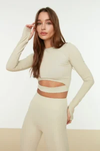 TRENDYOLMİLLA Stone Crop Window/Cut Out and Thumb Hole Detailed Knitting Sports Top/Blouse - Image 3