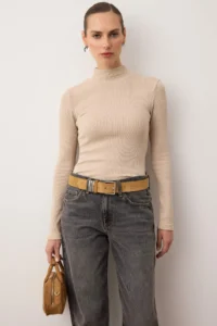 TRENDYOLMİLLA Beige Fitted High Neck Long Sleeve Ribbed Flexible Knitting Blouse - Image 2