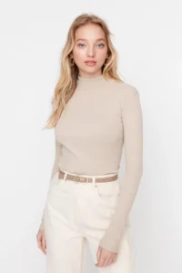 TRENDYOLMİLLA Beige Fitted High Neck Long Sleeve Ribbed Flexible Knitting Blouse - Image 5