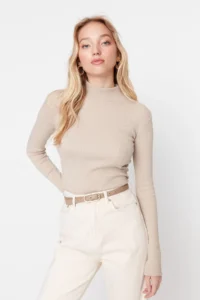 TRENDYOLMİLLA Beige Fitted High Neck Long Sleeve Ribbed Flexible Knitting Blouse - Image 6