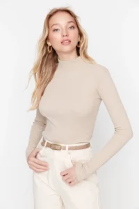 TRENDYOLMİLLA Beige Fitted High Neck Long Sleeve Ribbed Flexible Knitting Blouse - Image 7