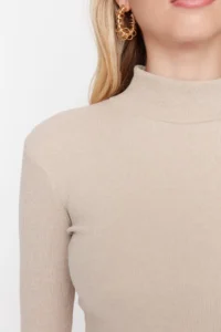 TRENDYOLMİLLA Beige Fitted High Neck Long Sleeve Ribbed Flexible Knitting Blouse - Image 8
