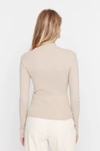 TRENDYOLMİLLA Beige Fitted High Neck Long Sleeve Ribbed Flexible Knitting Blouse - Image 9