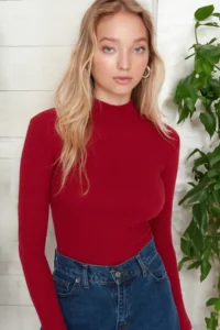 TRENDYOLMİLLA Burgundy slim Fitted High Neck Ribbed Flexible Knitting Blouse - Image 3