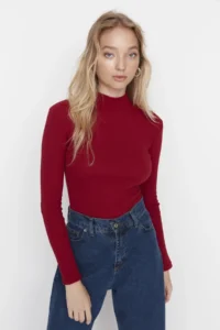 TRENDYOLMİLLA Burgundy slim Fitted High Neck Ribbed Flexible Knitting Blouse - Image 5