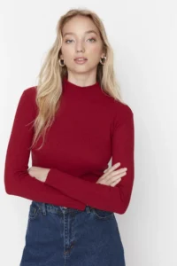 TRENDYOLMİLLA Burgundy slim Fitted High Neck Ribbed Flexible Knitting Blouse - Image 6