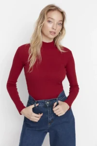 TRENDYOLMİLLA Burgundy slim Fitted High Neck Ribbed Flexible Knitting Blouse - Image 7