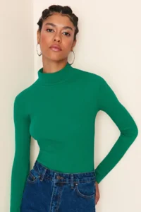 TRENDYOLMİLLA Emerald Fitted High Neck Long Sleeve Ribbed Flexible Knitting Blouse - Image 5