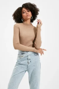 TRENDYOLMİLLA Mink Fitted High Neck Long Sleeve Ribbed Flexible Knitting Blouse - Image 2