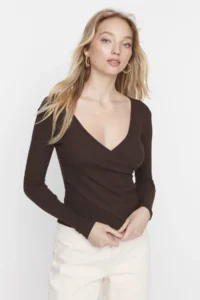 TRENDYOLMİLLA Dark Brown Fitted Double breasted Collar Long Sleeve Ribbed Flexible Knitting Blouse - Image 2