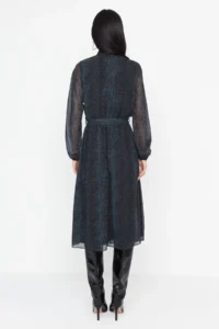 TRENDYOLMİLLA Emerald Green Snake Patterned skater/Waist Flared Midi Weaving Siphon Dress - Image 10