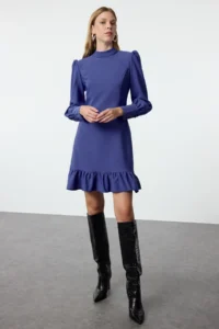 TRENDYOLMİLLA Indigo A Cut High Neck Skirt Shirred Mini Weaving Dress