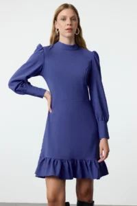TRENDYOLMİLLA Indigo A Cut High Neck Skirt Shirred Mini Weaving Dress - Image 2