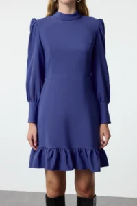 TRENDYOLMİLLA Indigo A Cut High Neck Skirt Shirred Mini Weaving Dress - Image 3