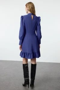 TRENDYOLMİLLA Indigo A Cut High Neck Skirt Shirred Mini Weaving Dress - Image 5