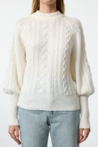 TRENDYOLMİLLA Ecru Soft textured Hair Braided Knitwear Sweater - Image 4