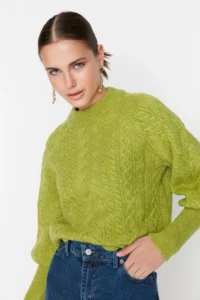 TRENDYOLMİLLA Green Soft textured Hair Braided Knitwear Sweater - Image 2