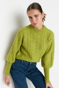 TRENDYOLMİLLA Green Soft textured Hair Braided Knitwear Sweater - Image 3