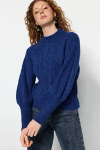 TRENDYOLMİLLA Saks BLUE Soft textured Hair Braided Knitwear Sweater