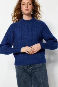 TRENDYOLMİLLA Saks BLUE Soft textured Hair Braided Knitwear Sweater - Image 2