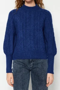 TRENDYOLMİLLA Saks BLUE Soft textured Hair Braided Knitwear Sweater - Image 3