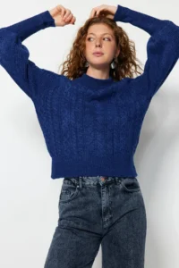 TRENDYOLMİLLA Saks BLUE Soft textured Hair Braided Knitwear Sweater - Image 4