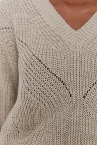 TRENDYOLMİLLA Beige Cellular/Delikli V-neck Knitwear Sweater - Image 5