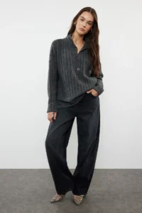 TRENDYOLMİLLA Anthracite Wide Pattern Soft textured High Neck Knitwear Sweater - Image 2