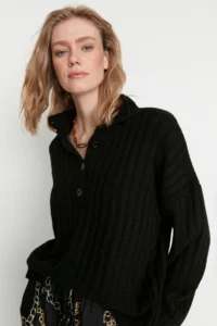 TRENDYOLMİLLA Black Wide Pattern Soft textured High Neck Knitwear Sweater - Image 5
