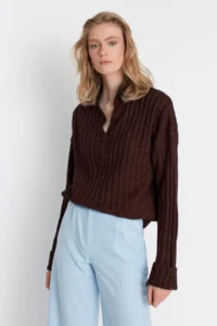TRENDYOLMİLLA Brown Wide Pattern Soft textured High Neck Knitwear Sweater - Image 2
