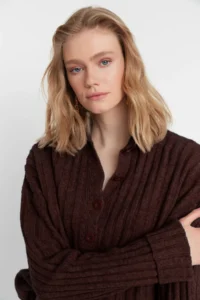TRENDYOLMİLLA Brown Wide Pattern Soft textured High Neck Knitwear Sweater - Image 3