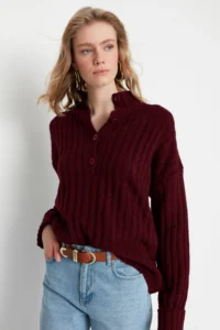 TRENDYOLMİLLA Burgundy Wide Pattern Soft textured High Neck Knitwear Sweater