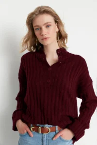 TRENDYOLMİLLA Burgundy Wide Pattern Soft textured High Neck Knitwear Sweater - Image 2