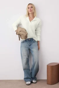 TRENDYOLMİLLA Ecru Wide Pattern Soft textured High Neck Knitwear Sweater - Image 2