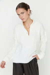 TRENDYOLMİLLA Ecru Wide Pattern Soft textured High Neck Knitwear Sweater - Image 5