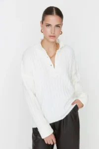 TRENDYOLMİLLA Ecru Wide Pattern Soft textured High Neck Knitwear Sweater - Image 6