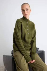 TRENDYOLMİLLA Khaki Wide Pattern Soft textured High Neck Knitwear Sweater - Image 2