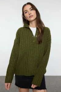 TRENDYOLMİLLA Khaki Wide Pattern Soft textured High Neck Knitwear Sweater - Image 5