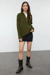 TRENDYOLMİLLA Khaki Wide Pattern Soft textured High Neck Knitwear Sweater - Image 6