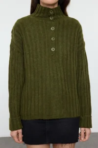 TRENDYOLMİLLA Khaki Wide Pattern Soft textured High Neck Knitwear Sweater - Image 7