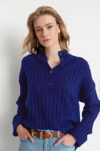 TRENDYOLMİLLA NAVY BLUE Wide Pattern Soft textured High Neck Knitwear Sweater