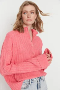 TRENDYOLMİLLA PINK Wide Pattern Soft textured High Neck Knitwear Sweater - Image 2