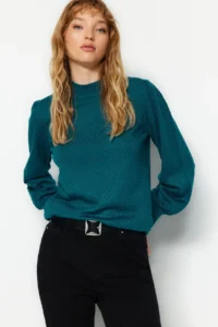 TRENDYOLMİLLA Petrol High Neck Balloon Sleeve Regular Knitwear Sweater