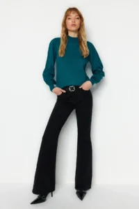 TRENDYOLMİLLA Petrol High Neck Balloon Sleeve Regular Knitwear Sweater - Image 2