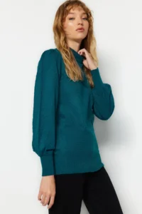 TRENDYOLMİLLA Petrol High Neck Balloon Sleeve Regular Knitwear Sweater - Image 3