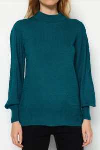 TRENDYOLMİLLA Petrol High Neck Balloon Sleeve Regular Knitwear Sweater - Image 4