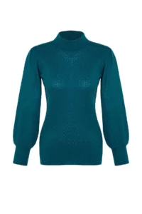 TRENDYOLMİLLA Petrol High Neck Balloon Sleeve Regular Knitwear Sweater - Image 6